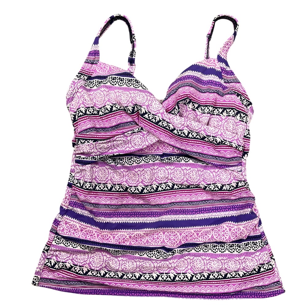 Lands' End Tankini Top‎ Womens 8 Purple Medallion Stripe Twist Boho Swimwear